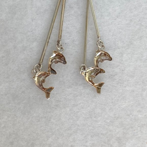 Sterling Silver 925 2.5" Long Bar Dainty Jumping Dolphin Dangle Earrings - Picture 8 of 16